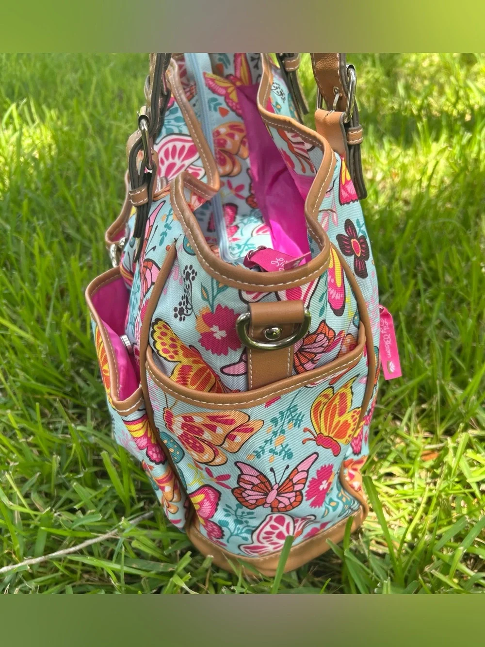 Lily Bloom Butterfly Print Tote in Blue, Pink & Tan